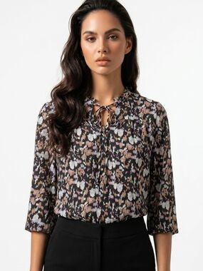 Floral Tie-Neck Blouse in Black and Tan